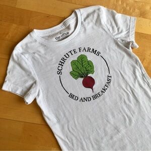 The Office “Shrute Farms Bed + Breakfast” Fitted Tee, White, Black, Size XS